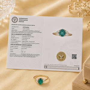 Nuevo Anillo de Compromiso y Boda Clásico de Lujo en Oro Amarillo de 14 Quilates con Diamante Cultivado en Laboratorio Certificado por IGI y Esmeralda Colombiana Cultivada en Laboratorio - Product Image 6