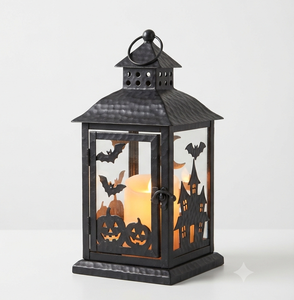 Lanterne d'Halloween portable en métal noir avec motifs de citrouille, de chauve-souris et de maison hantée pour la décoration de la maison - Product Image 1