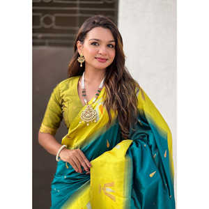 ผ้าไหมซารีทอแบบดั้งเดิมของอีลิท วีฟส์ ซาวธ์  ลายติลัก  ผ้าไหมเนื้อนุ่ม  ปักดิ้นทอง  สีฟ้าทะเล  ชุดเดรสสวยสง่า - Product Image 2