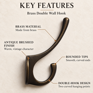SHUBHAM Antique Brass <b>Double</b> Wall Hook Vintage Solid Brass Coat Robe Hook Decorative Wall Mounted Hook for Bathroom Bedroom - Product Image 4