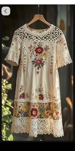Vestido bohemio de algodón color marfil con intrincados bordados florales y encaje de ganchillo hecho a mano, vestido tipo túnica con corte en A para mujer. - Product Image 2
