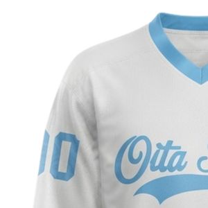 Men White Blue Sublimated <b>Ice</b> Hockey V Neck Striped Jersey Polyester Sports Shirt Team Wear Performance Match Apparel - Product Image 4