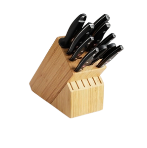 Porte-couteaux en bois brun clair avec manches rivetés noirs, lames argentées et ciseaux pour la découpe et la préparation des aliments à la maison - Product Image 1