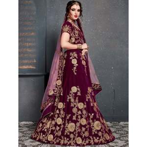 Purple Embroidered Velvet <b>Wedding</b> Lehenga Choli for Bride with Pearls and Sweetheart Neckline - Product Image 6
