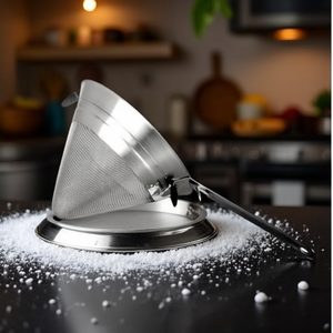 Colino a cono in rete di acciaio inossidabile con manico lungo per uso in cucina, colino a rete fine - Product Image 3