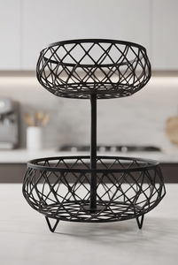 Panier de rangement pour fruits en fil métallique noir à deux niveaux, avec poteau central, support décoratif moderne à 2 couches - Product Image 4