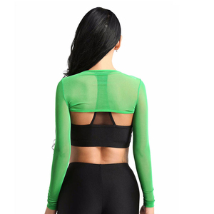 Women's Green <b>Mesh</b> Slim Fit Long Sleeve Crop <b>Top</b> with Criss-Cross Neck Hollow Out Design Eco-Friendly 100% Cotton Sexy Club Wear - Product Image 4