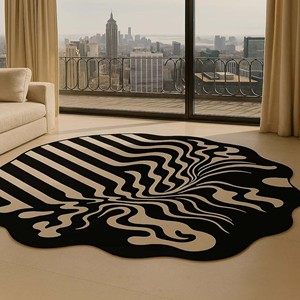 Tapis en laine tufté à la main noir et beige de luxe, tapis moderne abstrait irrégulier pour salon, tapis d'appoint de style mid-century, décoration - Product Image 1