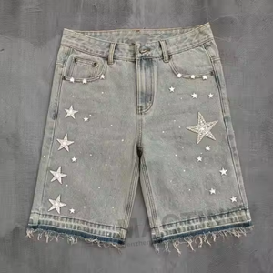 Pantalones cortos de mezclilla personalizados para hombre, estilo oversize, lavado ácido, con diamantes de imitación y pedrería, estilo streetwear, holgados, Verano 2026 - Product Image 1