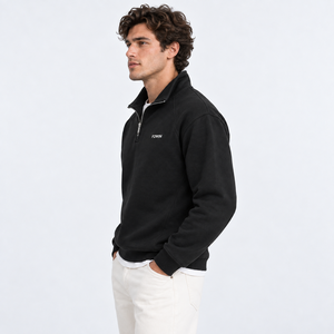 <b>Men's</b> <b>Black</b> Quarter Zip Fleece Sweatshirt Regular Fit Stand Collar Casual Solid Color Heat Transfer Logo Front wholesale - Product Image 5