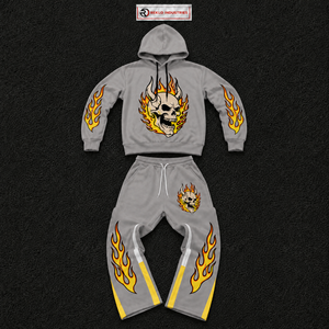 Ensemble survêtement homme gris motif flamme et crâne, sweat à capuche et pantalon, streetwear, manches longues, fermeture à cordon, imprimé, en promotion - Product Image 5