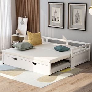 เตียงไม้สีขาวพร้อมเตียงปรับขยายได้พร้อมหีบเก็บของซ่อน - Product Image 2
