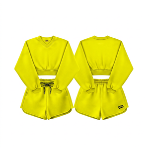 Conjunto de 2 piezas de punto para mujer, top corto y pantalones cortos, cuello en V, manga larga, color liso, informal, para todas las estaciones - Product Image 3