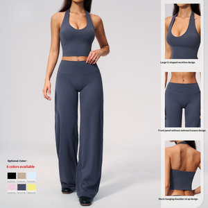 Ensemble de yoga 2 pièces pour femme : haut court dos nu et pantalon taille haute à jambes larges, motif écossais, extensible dans les quatre sens en Spandex/Nylon sans coutures - Product Image 5