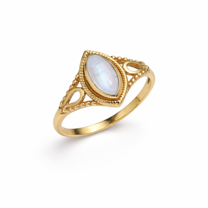 Bague en laiton avec pierre de lune taille marquise, taille fixe, faite à la main, pour femme, Moku Jewellery, Juin, sans placage - Product Image 1