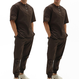 Unisex <b>Brown</b> Scrub Set Spandex/Polyester Woven Hospital Uniforms Pockets Button Neck Design High Quality Needle Detection - Product Image 6