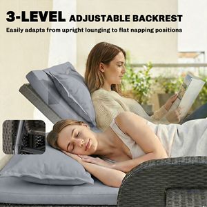 Divano Letto in Rattan Grigio per Esterni con Pouf Contenitore, Schienale Regolabile e Tavolini Laterali - Arredamento da Giardino in Vimini - Product Image 5