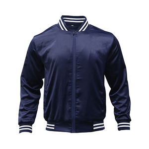 Men's Navy Blue Satin Bomber Jacket Regular Fit Zipper Closure Turn-<b>down</b> Collar Casual Autumn Wear - Product Image 6