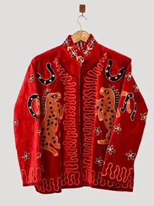 Vintage Red <b>Velvet</b> Embroidered Suzani <b>Jacket</b> With Horse Pattern Full Sleeve Stand Collar Handmade Bohemian Tribal Coat - Product Image 4