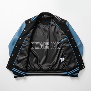 Chaqueta Varsity Midnight Athletics para Hombre, Negra y Azul, con Mangas de Cuero PU, Letra 12 A Owais Bordada, Estilo Preppy, Otoño - Product Image 5