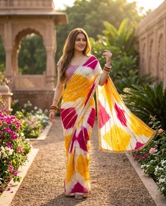 Pink Yellow White Printed Saree Sequin Trim Blouse <b>Net</b> <b>Dupatta</b> Woven Festive Dress - Product Image 4