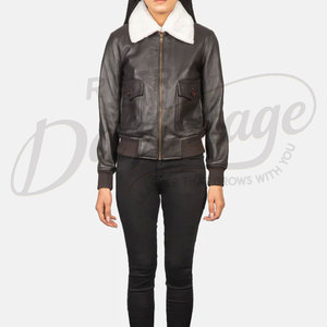 Chaqueta Bomber de Cuero Genuino Marrón Oscuro para Mujer, con Cuello de Piel Sintética Blanca, Corte Ajustado, Piel de Oveja Premium, Abrigo de Invierno Estilo Piloto - Product Image 4