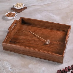 Eco-Friendly Rectangular Acacia Wood Serving <b>Tray</b> with Handles - Solid Wooden Decorative Platter for Coffee Table <b>Breakfast</b> - Product Image 1