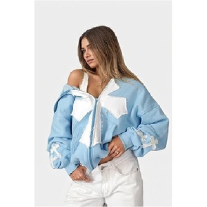 Sudadera con capucha y cremallera para mujer, estilo Y2K, con parches grunge, gráfico cruzado, holgada, estética gótica, unisex. - Product Image 2
