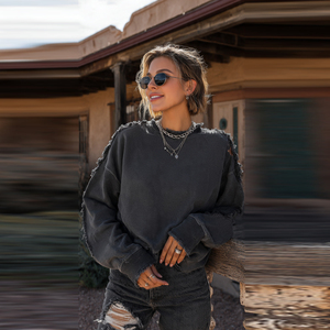 Women Plain Crew Neck Distress Sweatshirts <b>Drop</b> Shoulder Fashion Wear Distress Sweat Shirts Women's Oversize Distress Sweatshirt - Product Image 3