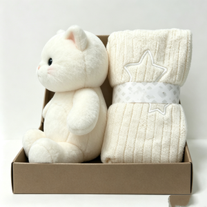customized white cat plush and knitted blanket <b>gift</b> set, <b>boxed</b> newborn kitten stuffed toy <b>hamper</b>, cream‑tone baby shower plush - Product Image 4