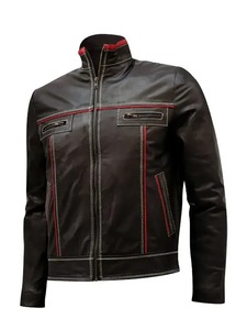 เสื้อแจ็คเก็ตหนังแท้สีน้ำตาลลายแถบสีแดงสำหรับผู้ชาย - Product Image 1