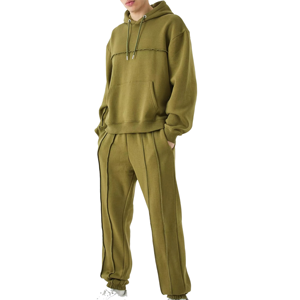 Conjunto Deportivo Unisex Verde Oliva con Capucha, Sudadera y Pantalones Largos, Color Sólido, Corte Holgado Informal, Ropa de Otoño - Product Image 2