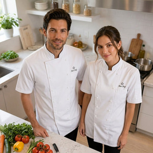 Veste de cuisine professionnelle à manches courtes, coupe classique, respirante, en polyester et coton, pour hôtels et restaurants (vente en gros) - Product Image 2