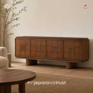Luxury Solid Teak Wood Credenza 4 Door Geometric Carved Cabinet Japandi <b>Sideboard</b> for Hotel Villa Living Room Furniture - Product Image 1