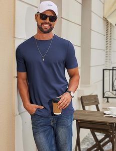 T-shirt pour homme bleu marine à manches courtes, col rond, coupe ajustée, décontracté, tricoté, 100% coton, design uni, tissu jersey respirant - Product Image 6