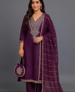 Ensemble Salwar Kameez brodé en mélange de rayonne avec sac Potli, 3 pièces, tenue ethnique pour inventaire de boutique, pêche, violet, gris - Product Image 1