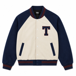 Blouson universitaire pour homme bleu marine avec lettre T brodée, style décontracté, coupe classique, vêtement d'extérieur d'automne, service OEM, 100% coton, col montant - Product Image 1