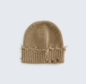 Bonnet unisexe en acrylique couleur unie, style vintage, tricoté à la main, bord déchiré, ajustable, décontracté, pour l'hiver, pour adultes 56-58CM - Product Image 1