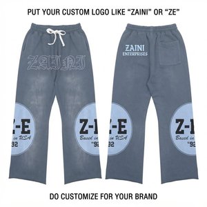Premium Quality Worsted Acid Wash Sun Fade <b>Men's</b> High Waist Drawstring Closure Casual Pants 320 GSM Relaxed Fit Grey <b>Blue</b> Style - Product Image 1