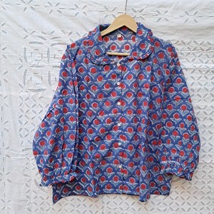 Ethnic Floral Block Print Cotton Womens Pajama Set Ruffle Collar Shirt Ruffle Hem Shorts Blue Red Artisan Sleepwear Two Piece - Product Image 1