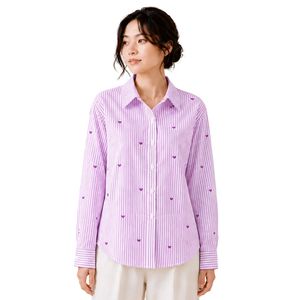Camisa de mujer a rayas moradas y blancas con botones, blusa de algodón de manga larga con bordado de corazón, ajuste holgado, estilo casual, top oversize. - Product Image 1