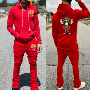 Ensemble de survêtement streetwear personnalisé délavé à l'acide avec fermeture éclair, appliqué brodé, pantalon évasé et sweat à capuche pour homme - Product Image 4