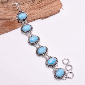 Larimar Oval <b>Stone</b> Bracelet Blue Boho Bracelet Silver Statement Jewelry Handmade Gemstone Gift For Her - Product Image 6