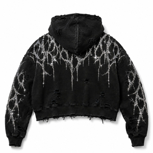 Sudadera con Capucha Negra Personalizada con Pedrería, Estilo Y2K, Oversize, Desgastada, de Gran Gramaje, Lavada, Unisex, de SHH - Product Image 2