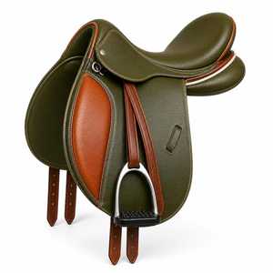 Silla de montar inglesa de cuero verde oliva y marrón, hecha a mano, de cuero genuino para equitación. - Product Image 1