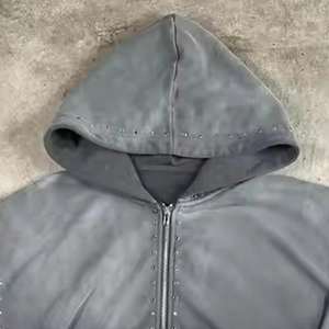 Survêtements zippés pour hommes en coton 100% French Terry, entièrement ornés de strass, effet délavé, coupe ample, vente en gros - Product Image 5