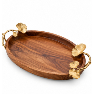 Handcrafted Mango Wood <b>Decorative</b> Tray with <b>Gold</b> Floral Metal Handles for Hotel Restaurant Catering and Living <b>Room</b> Coffee Table - Product Image 6
