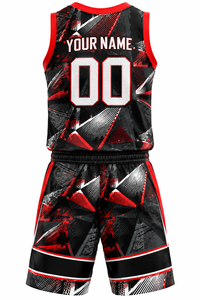 Conjunto de Camiseta de Baloncesto Sublimada Personalizada, Unisex, Cuello en V, Sin Mangas, Secado Rápido, Estampado Geométrico, Nombre del Equipo 00, Rojo, Negro, Blanco - Product Image 3
