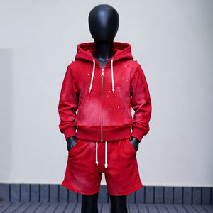 Fabricación personalizada ácido lavado Vintage Hoodie francés Terry recortado diamantes de imitación desgastado Zip up Hoodies hombres - Product Image 1