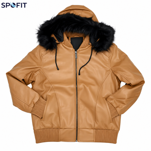 High Quality <b>Red</b> Hooded <b>Leather</b> <b>Jacket</b> <b>Men</b> Casual Winter Zip Up Biker Coat with Fur Trim Regular Fit - Product Image 3